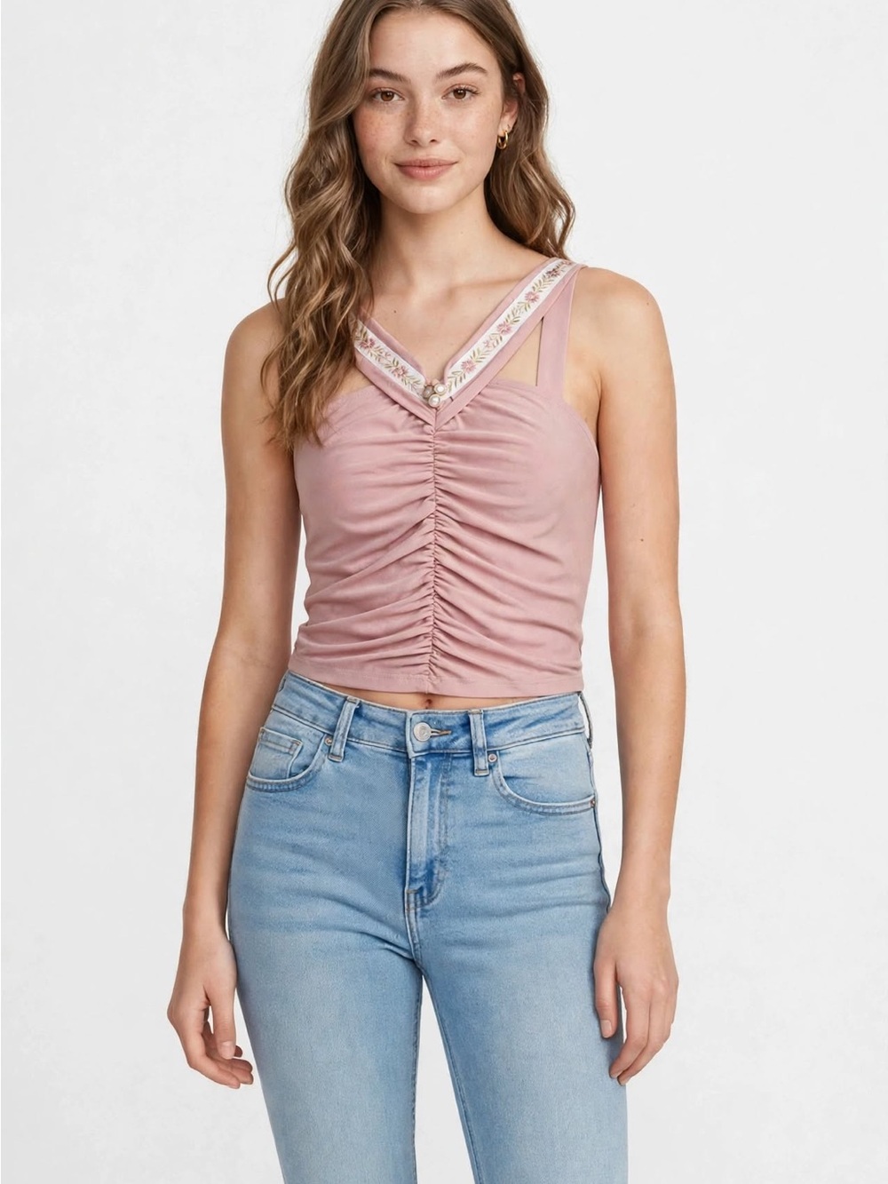 H&M Dusty Rose Ruched V-Neck Double-Strap Tank